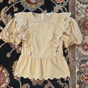 NWOT TCEC Tan Blouse with Scalloped Puff Sleeves
